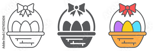 Easter eggs in basket line icon collection, decoration and easter, easter hamper icon set, vector graphics, a linear pattern on a white background