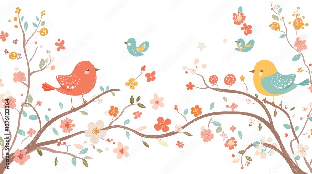 Cute birds on flowering branches. Background flowers. Use for children's print, illustration Cute birds on flowering branches. Background flowers. Use for children's print, illustration
