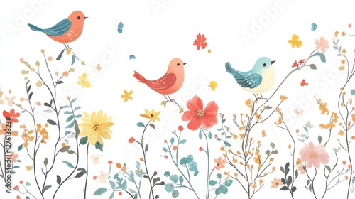 Colorful birds and flowers, nature scene, decorative illustration, for wallpaper or print
