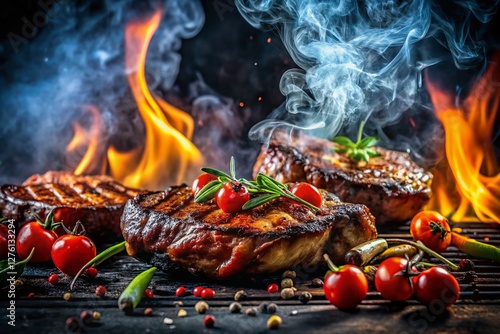 Dark, smoky food photography: grilled food with black fumes rising, dramatic lighting