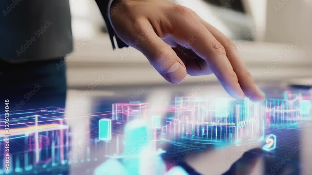 Businessman interacts with holographic futuristic interface displaying financial charts and data, navigating complex information with a touch Businessman interacts with holographic futuristic interface displaying financial charts and data, navigating complex information with a touch