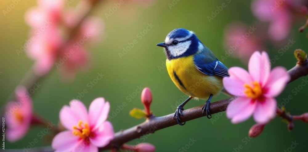 Blue tit on flowering branch, Suffolk spring garden, countryside, UK, small bird Blue tit on flowering branch, Suffolk spring garden, countryside, UK, small bird