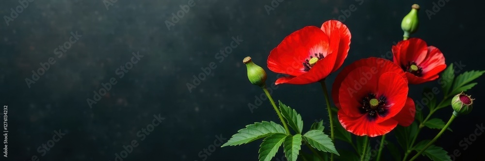 Fototapeta premium Bold crimson poppies & lush green leaves on dark grey, nature, vibrant, green