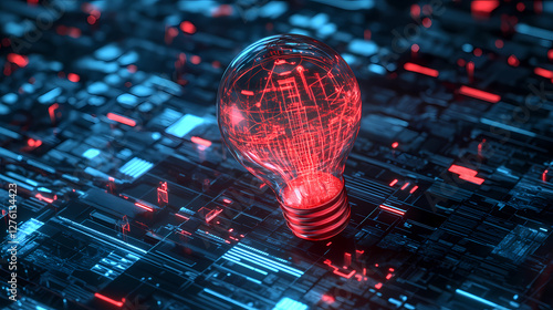 Glowing Light Bulb on Circuit Board with Red and Blue Tones