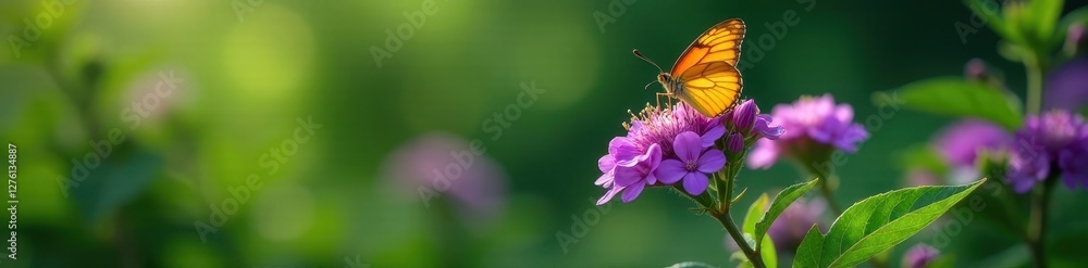 Naklejka premium Butterfly perched on a lush purple bloom amidst green foliage , picture, high resolution, flower