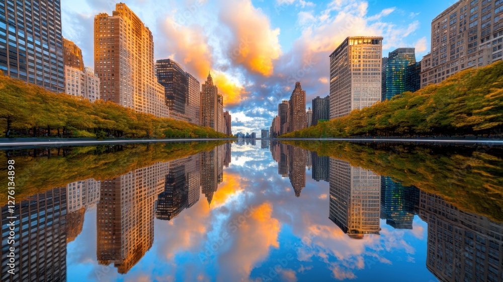 Obraz premium Autumn cityscape reflected in calm water, showcasing golden hour light, buildings, and vibrant fall foliage. Perfect for travel, urban, or seasonal