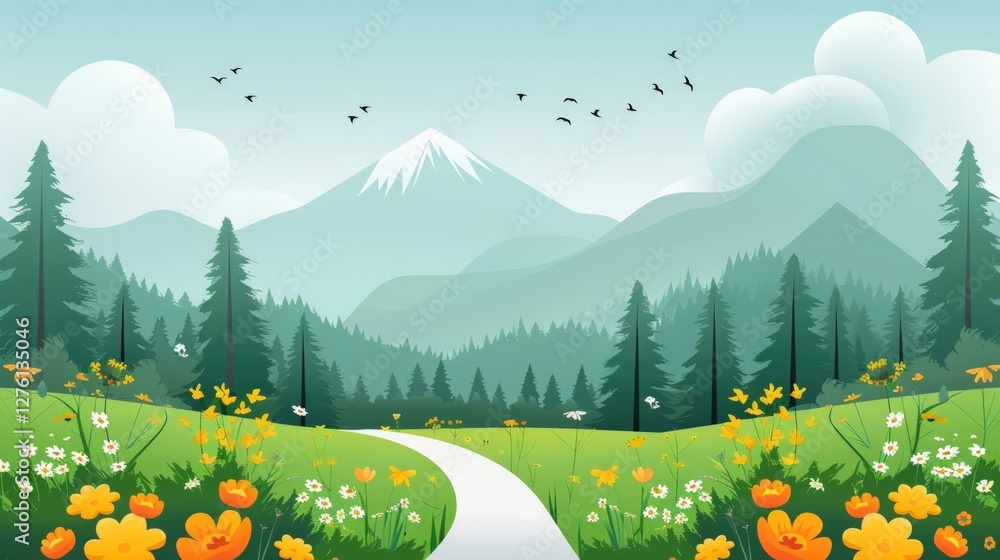 Fototapeta premium Serene Spring Mountain Meadow: A Path Through Blooming Flowers and Majestic Peaks