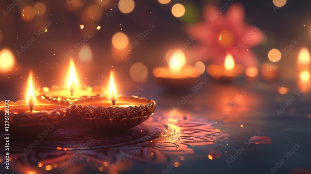 Three lit diyas float on water, surrounded by soft lighting and a lotus flower.