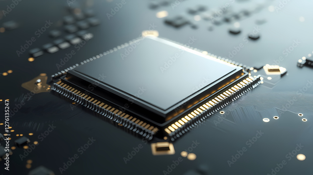Black Microprocessor Chip on Circuit Board with Golden and White Connections Black Microprocessor Chip on Circuit Board with Golden and White Connections