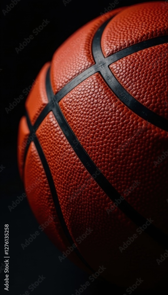 Close-up of basketball, leather texture visible on black background, leather, sport Close-up of basketball, leather texture visible on black background, leather, sport