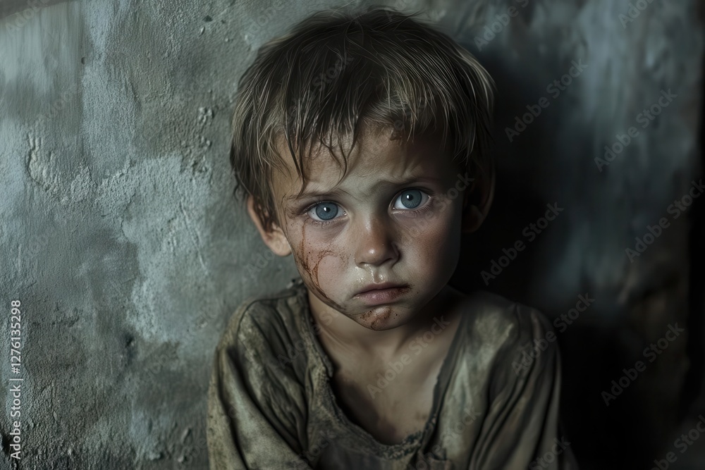 a malnourished child in dim lighting eyes filled with emotion wearing tattered clothes against weathered wall documentarystyle photography a malnourished child in dim lighting eyes filled with emotion wearing tattered clothes against weathered wall documentarystyle photography