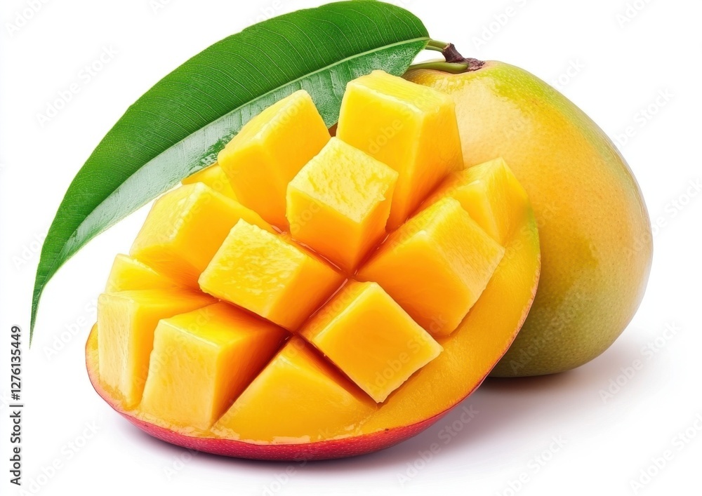 Ripe fruit cut into cubes, showcasing its vibrant yellow flesh, next to a whole fruit and a green leaf. The image is clean, bright, and features high Ripe fruit cut into cubes, showcasing its vibrant yellow flesh, next to a whole fruit and a green leaf. The image is clean, bright, and features high