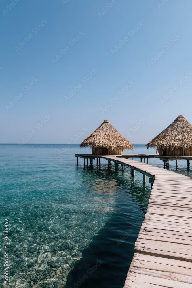 Enjoy the view of a row of charming bungalows with straw roofs sitting over clear turquoise waters. Minimalistic wooden bridges connect them to a sandy shore inviting relaxation Enjoy the view of a row of charming bungalows with straw roofs sitting over clear turquoise waters. Minimalistic wooden bridges connect them to a sandy shore inviting relaxation
