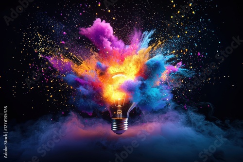 Light bulb exploding with colorful powder and smoke on black background