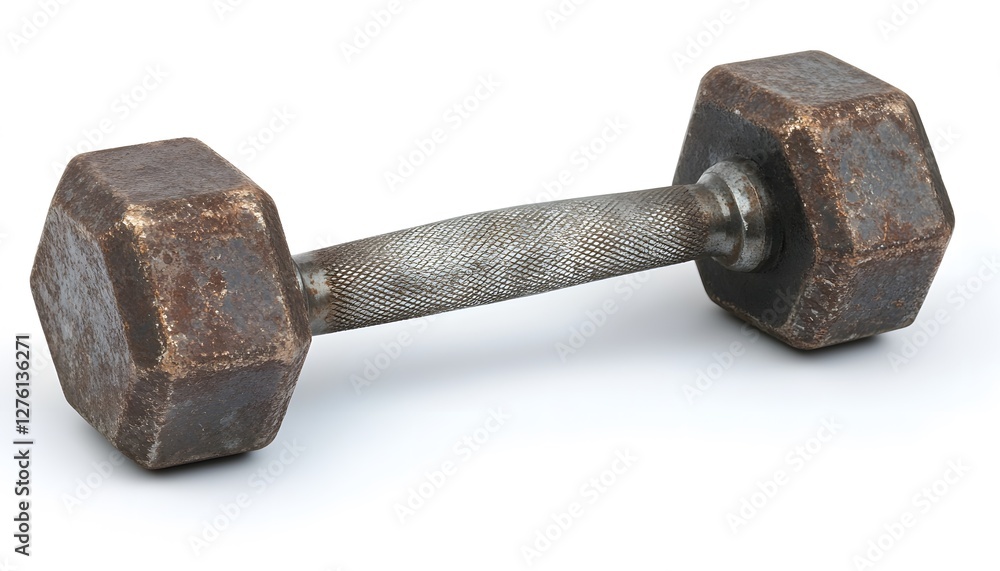 A rusty old hexagonal dumbbell rests on white A rusty old hexagonal dumbbell rests on white