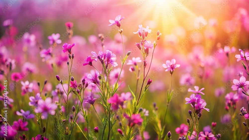 Fototapeta premium Delicate Pink and Purple Wildflowers Swaying Gently in the Breeze - Candid Nature Photography