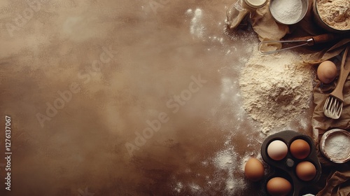 Baking ingredients spread on brown surface photo