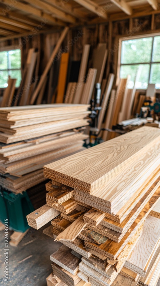 Stacks of Wood Lumber in Workshop Carpentry Supplies Indoor Environment Natural Light Craftsmanship Concept Stacks of Wood Lumber in Workshop Carpentry Supplies Indoor Environment Natural Light Craftsmanship Concept