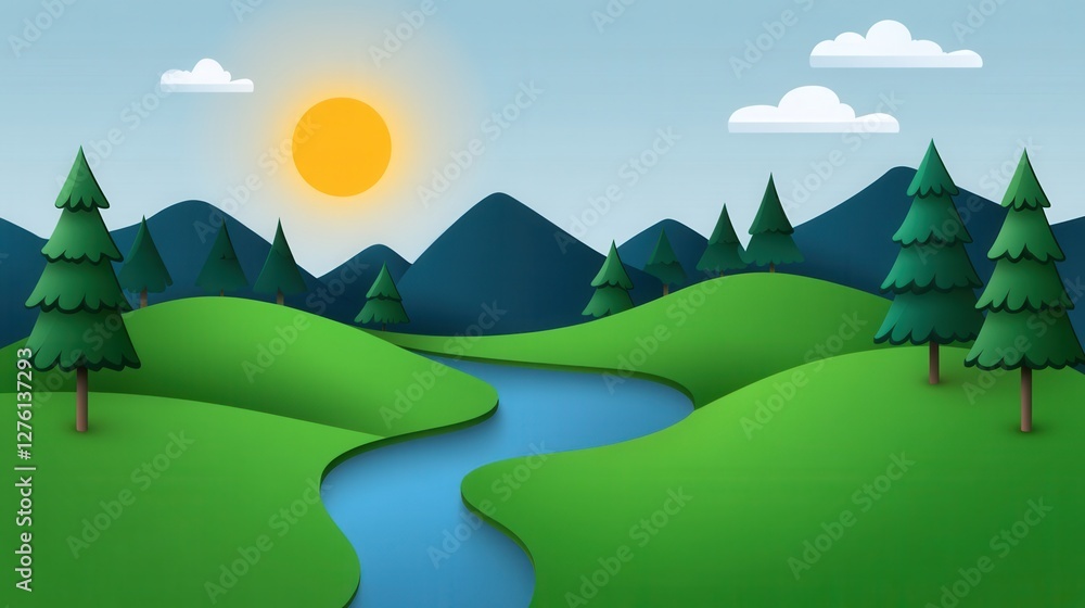 Obraz premium Serene landscape illustration featuring a meandering river, rolling hills, and dark mountains under a bright sun. The style is reminiscent of paper