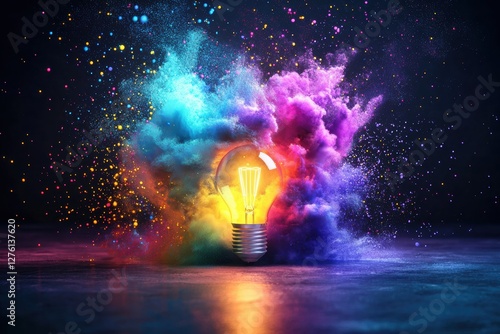 Bright light bulb exploding with colorful powder and glitter
