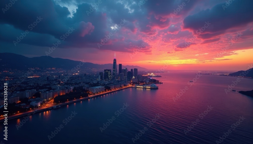 Fototapeta premium Dramatic cityscape at dusk, vast body of water, skyscrapers, landscape, city