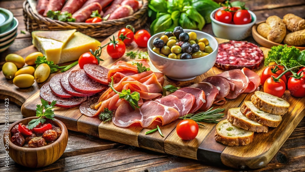 Delicious Brunch Charcuterie Board with Tomato Salad - High-Resolution Stock Photo Delicious Brunch Charcuterie Board with Tomato Salad - High-Resolution Stock Photo