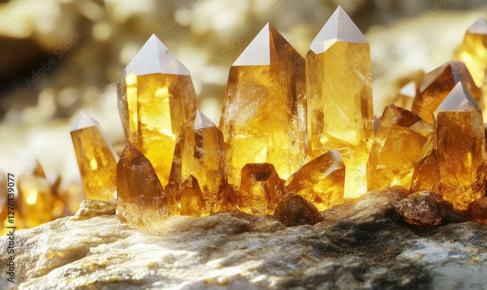 Close-up of sparkling orange crystals emerging from rocky surface in natural sunlight, showcasing beauty Close-up of sparkling orange crystals emerging from rocky surface in natural sunlight, showcasing beauty