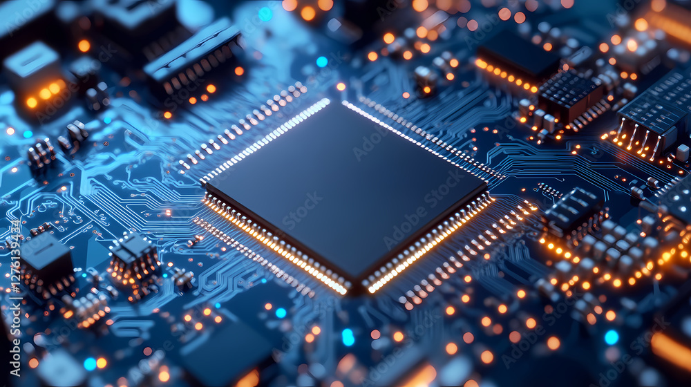 Macro Shot of Circuit Board with Black Chip and LED Lights