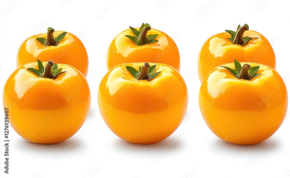 Six vibrant yellow tomatoes arranged in two rows against a clean white background. The tomatoes are glossy, round, and uniform in size and color Six vibrant yellow tomatoes arranged in two rows against a clean white background. The tomatoes are glossy, round, and uniform in size and color