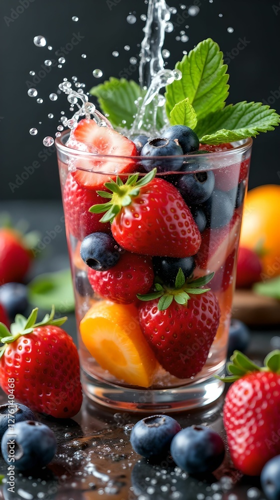 Fresh strawberries and blueberries splashing in water with mint leaves at a bright kitchen setting Fresh strawberries and blueberries splashing in water with mint leaves at a bright kitchen setting