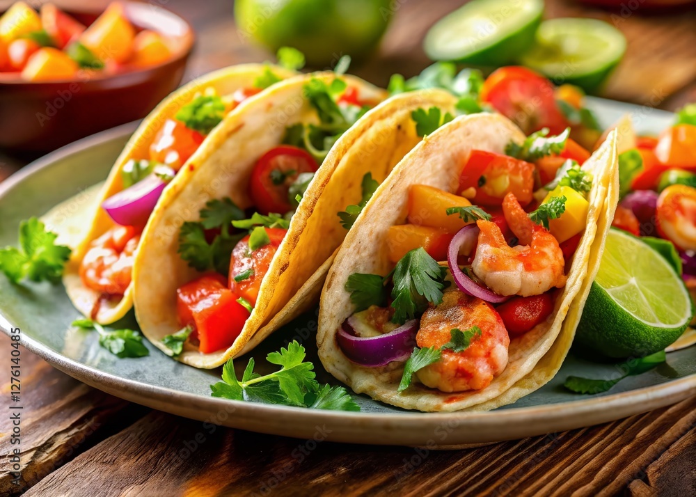 Delicious Fresh Shrimp Tacos with Lime - Vibrant Food Photography Delicious Fresh Shrimp Tacos with Lime - Vibrant Food Photography