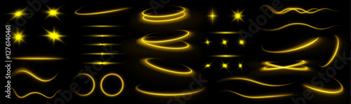 A set of various yellow flashes of light, as well as stars, bright dust and rays of light. Flying star effect.	