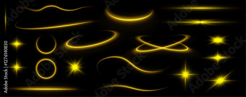 A set of various yellow flashes of light, as well as stars, bright dust and rays of light. Flying star effect.	
