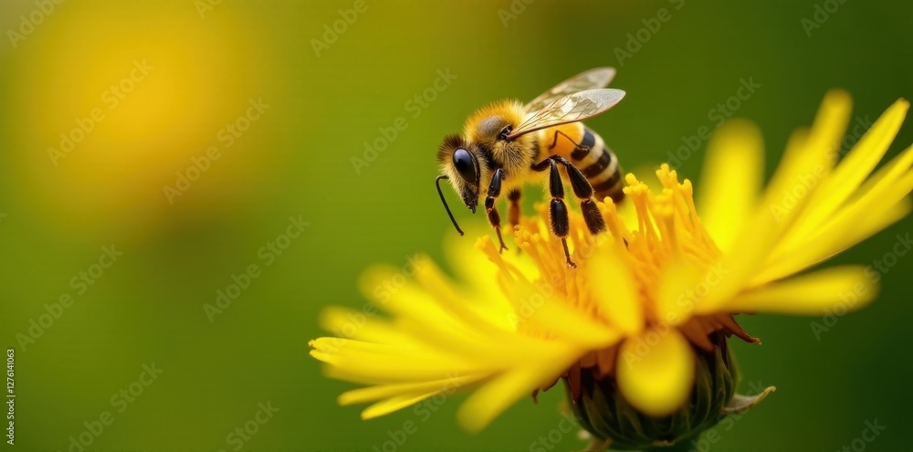 Honeybee in mid-air, extracting pollen from a yellow dandelion , macro photography, insect photography Honeybee in mid-air, extracting pollen from a yellow dandelion , macro photography, insect photography