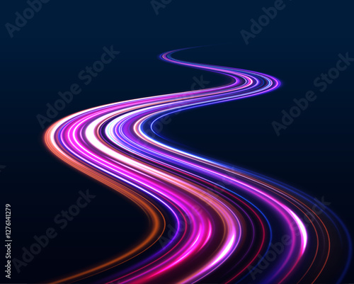 Long exposure, light painting photography. Vibrant streaks of neon blue and pink color against a black background. Vector dark blue abstract background with ultraviolet neon glow, blurry light lines.