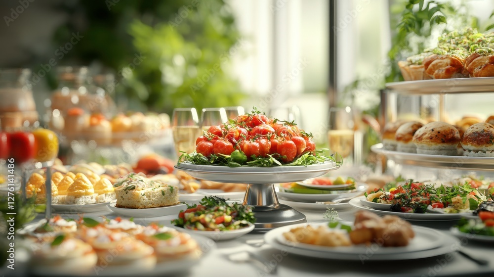 A vibrant display of assorted gourmet dishes, featuring fresh ingredients and elegant presentation, perfect for a celebration or gathering. A vibrant display of assorted gourmet dishes, featuring fresh ingredients and elegant presentation, perfect for a celebration or gathering.