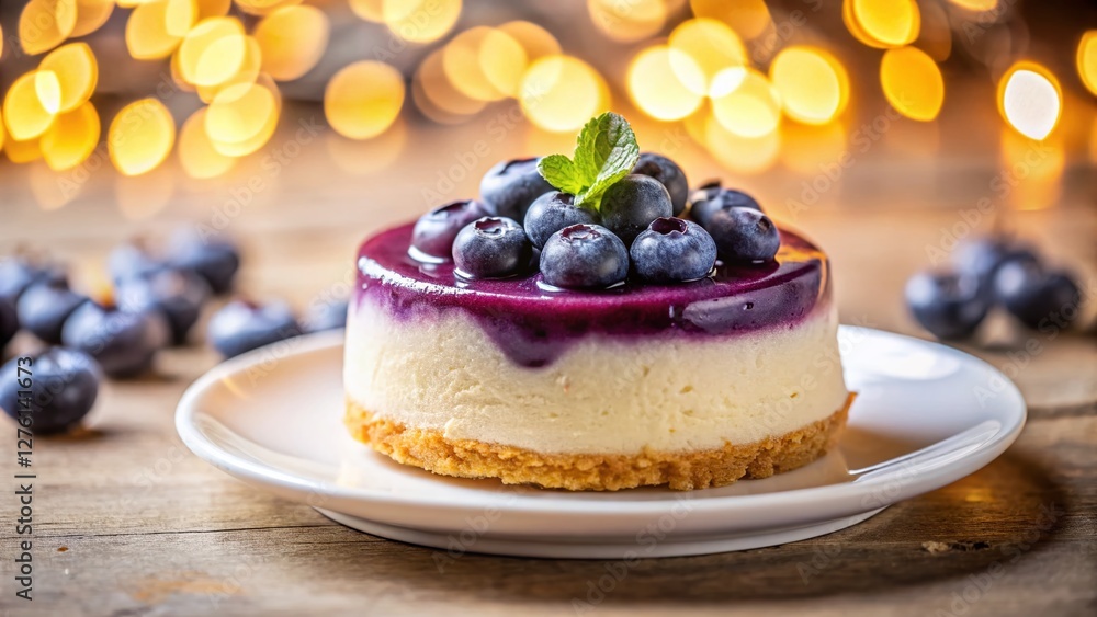 Delicious Homemade Blueberry Cheesecake Bite on White Plate - Stock Photo Delicious Homemade Blueberry Cheesecake Bite on White Plate - Stock Photo