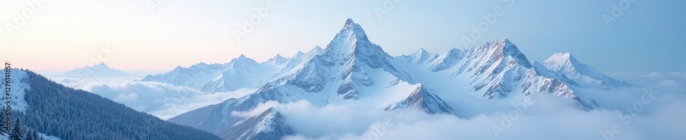 Fototapeta premium A snow-covered mountain range stretches towards the sky, its peaks and slopes shrouded in mist, mountain range, winter landscape, serenity