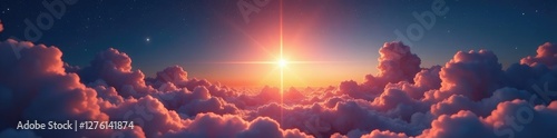 A sparkling star amidst a sea of thin wispy clouds, light, illuminate