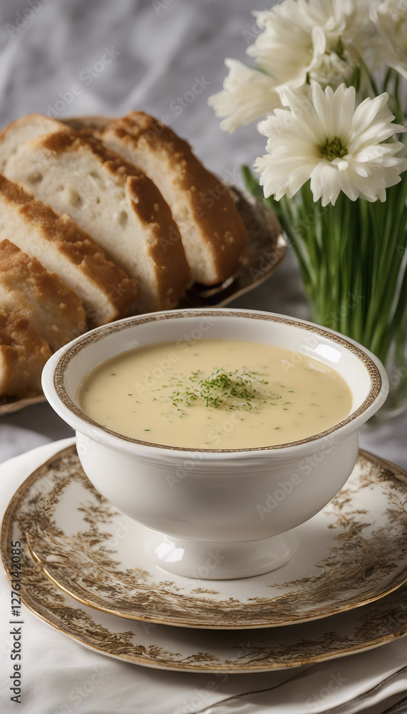 A richly flavored bowl of creamy mushroom soup served with fresh, crispy bread on a sophisticated dining table, creating a warm and indulgent culinary experience.
A richly flavored bowl of creamy mushroom soup served with fresh, crispy bread on a sophisticated dining table, creating a warm and indulgent culinary experience.