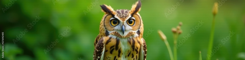 Fototapeta premium Large-eyed owl, striking pose, soft green background, woods, detail