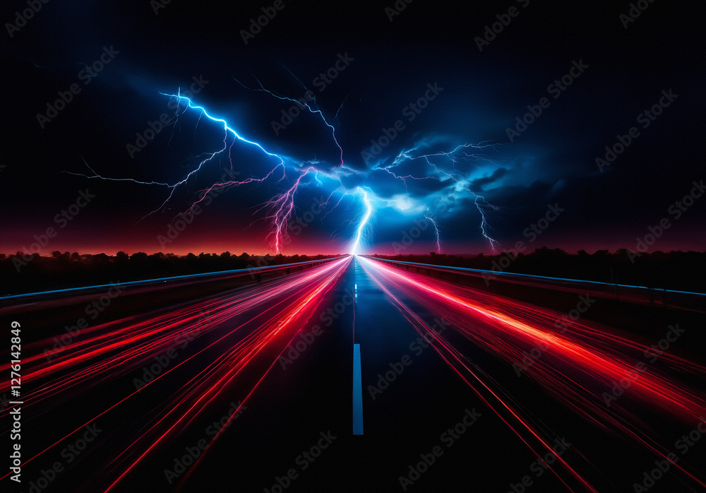 Obraz premium Night road scene with vibrant red light streaks lead to a stormy sky with blue lightning illuminating the horizon.