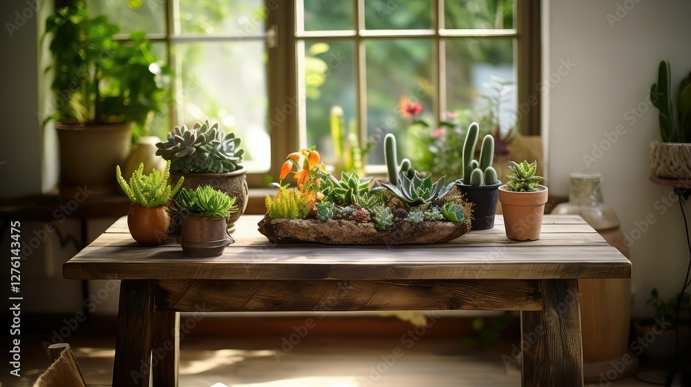 wood table with plants wood table with plants