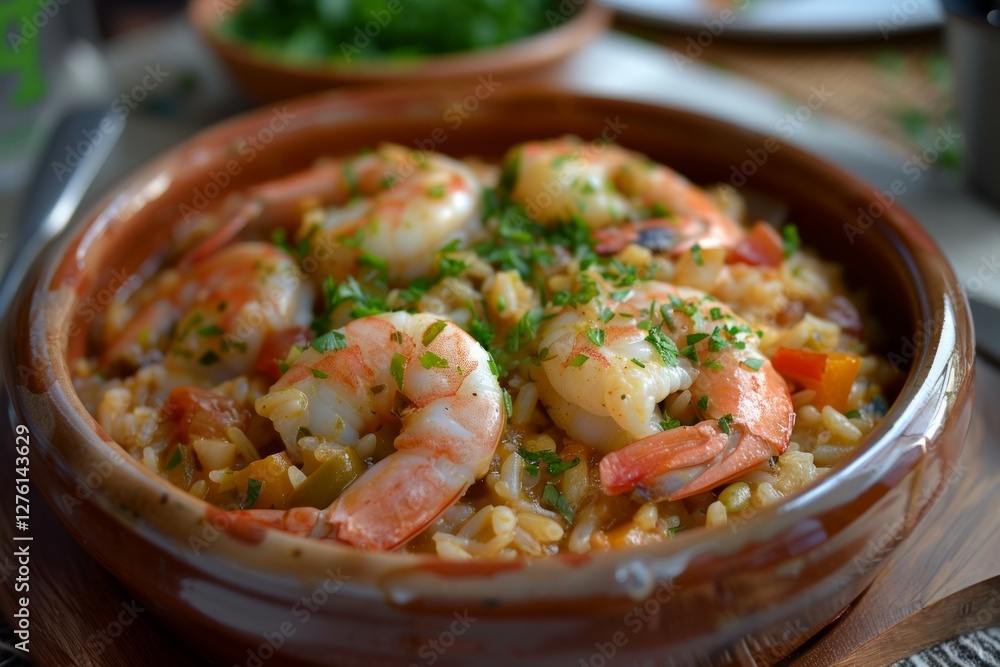 Rustic shrimp paella in clay pot on wooden table. AI image Rustic shrimp paella in clay pot on wooden table. AI image