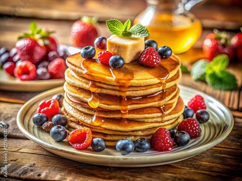 Delicious Pancakes with Maple Syrup and Berries on Rustic Wooden Table - Stock Photo