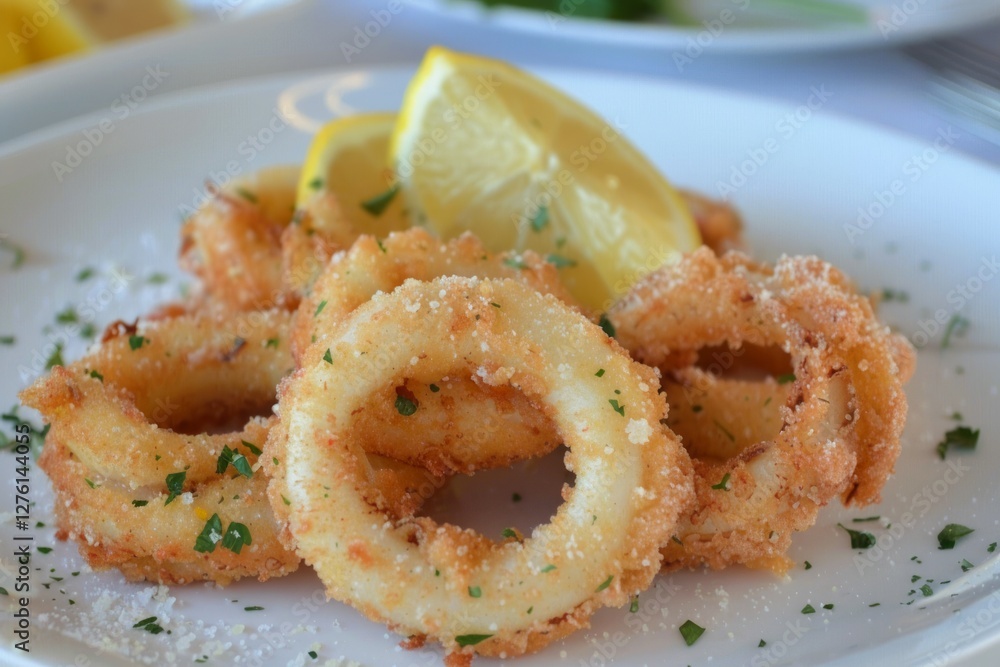 Crispy fried calamari with lemon garnish. AI image