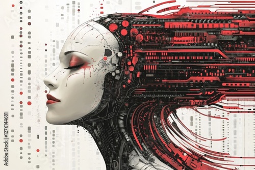 Futuristic woman with flowing digital hair and intricate circuitry against a minimal background