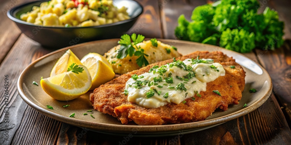 Delicious Schnitzel Dinner: Potato Salad, Lemon, Parsley, Low-Key Night Photography Delicious Schnitzel Dinner: Potato Salad, Lemon, Parsley, Low-Key Night Photography