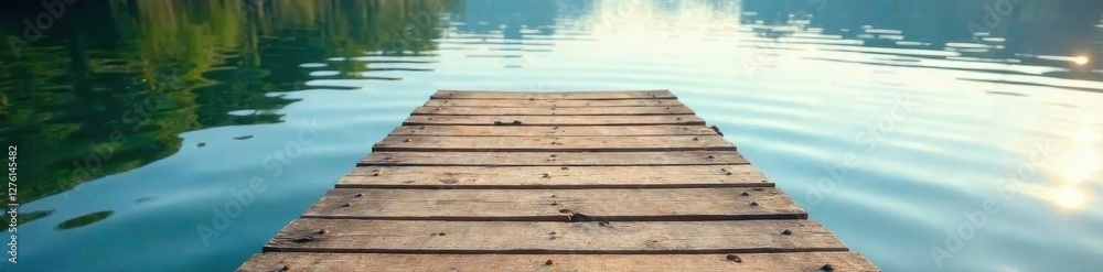 Rustic wooden dock extends over calm lake water , reflection, aged, calm Rustic wooden dock extends over calm lake water , reflection, aged, calm