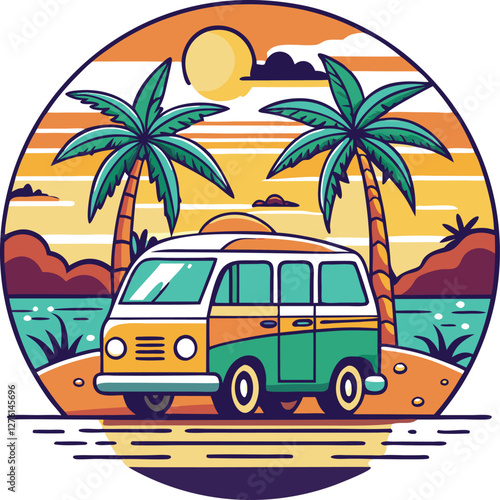 Wallpaper Mural Travel summer t-shirt design with scenic van, beach road, and palm trees Torontodigital.ca